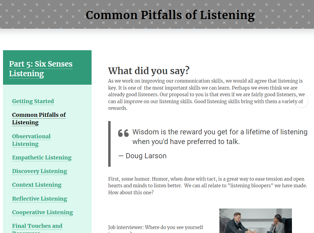 image of top of a page in Six Senses Listening course